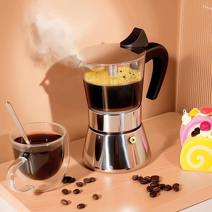 Induction Moka Pot, 4 Cups (7.1 oz) Crystal Glass-Top & Stainless Steel Moka Pot, Classic Stovetop Espresso Maker, Silver