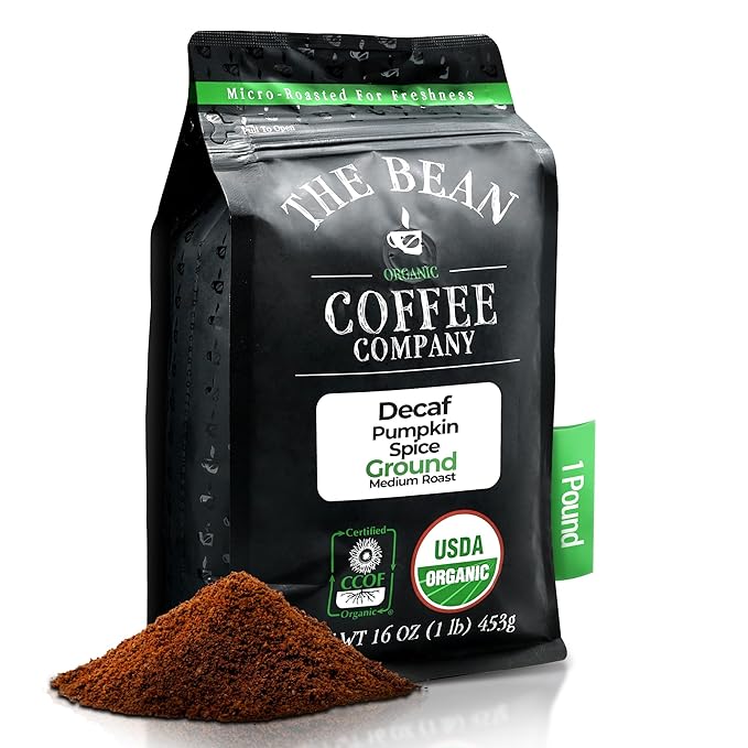 The Bean Organic Coffee Company Water Processed DECAF Pumpkin Spice, Medium Roast, Ground Coffee, 16-Ounce Bag, Café Molido Tostado Orgánico descafeinado