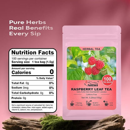 FullChea - Raspberry Leaf Tea Bag, 100 Count - Natural Pregnancy Tea for Women's Wellness, Menstrual Cycle & Uterine Health - Pure Red Raspberry Leaves - Non-GMO - Caffeine-free