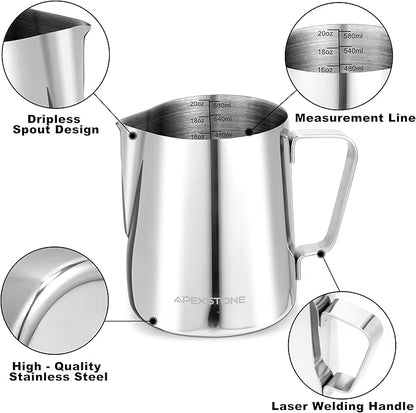 Apexstone Espresso Milk Frothing Pitcher 20 oz, Espresso Steaming Pitcher 20 oz, Coffee Milk Frothing Cup, Coffee Steaming Pitcher 20 oz/600 ml