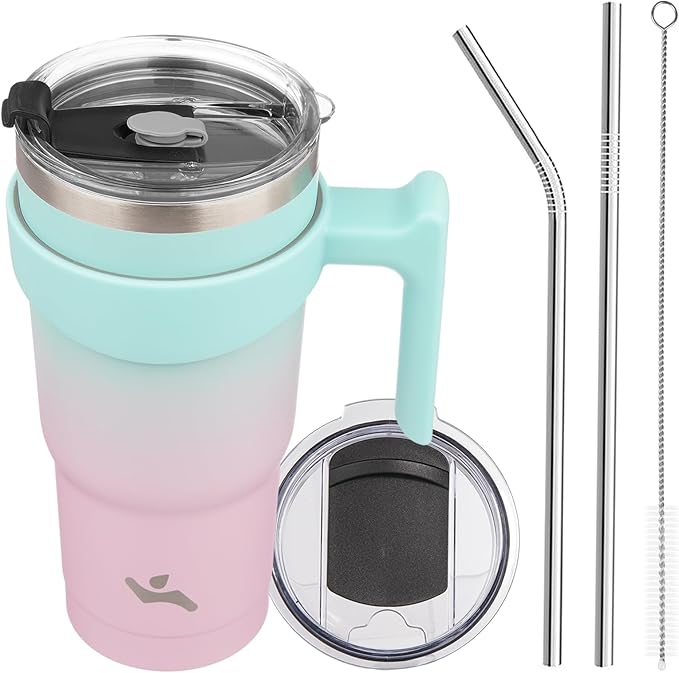 20 oz Tumbler with Handle and 2 Straw 2 Lid, Insulated Water Bottle Stainless Steel Vacuum Cup Reusable Travel Mug,Gum