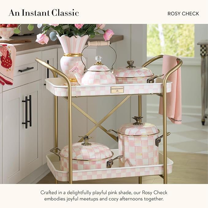 MACKENZIE-CHILDS Enamel Whistling Tea Kettle, Decorative Teapot, Pink-and-White Rosy Check