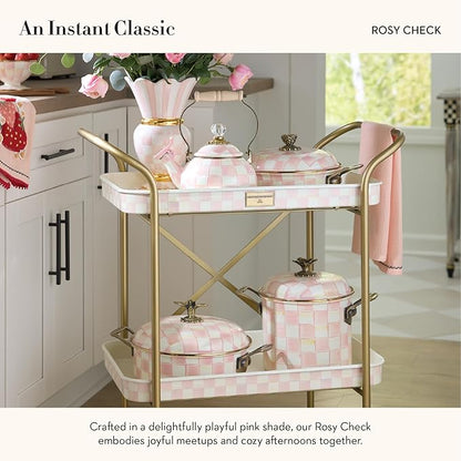 MACKENZIE-CHILDS Enamel Whistling Tea Kettle, Decorative Teapot, Pink-and-White Rosy Check