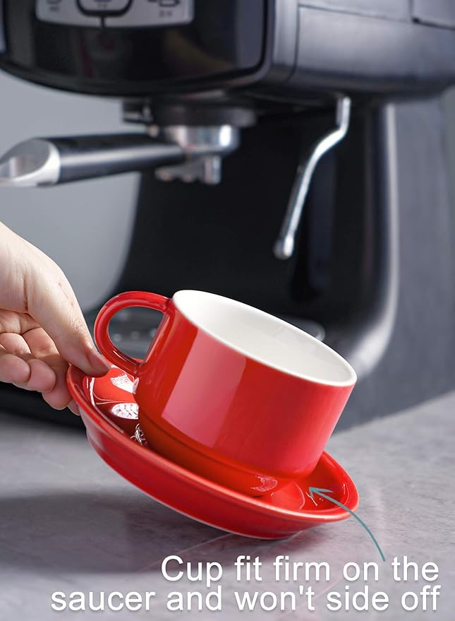 Sweese 8 Ounce Porcelain Stackable Cappuccino Cups with Saucers and Metal Stand - for Specialty Coffee Drinks, Cappuccino, Latte, Americano and Tea - Set of 4, Red