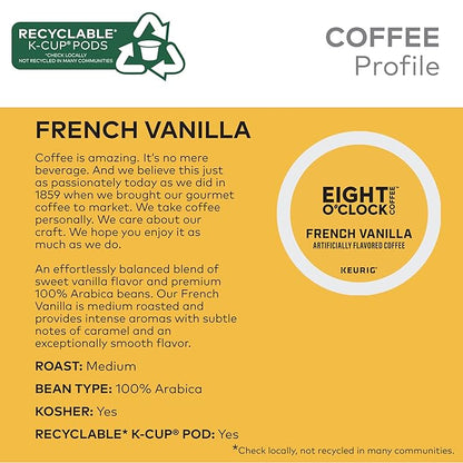 Eight O'Clock Coffee French Vanilla, Keurig Single Serve K-Cup Pods, Light Roast, 60 Count (6 Packs of 10)