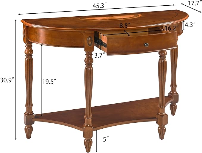 Solid Wood Semi-Circle Console Table with Drawer and Shelf, 45.3" Traditional Vintage Entryway Table Polished Edging Half-Moon Narrow Table for Living Room Hallway, Beewax