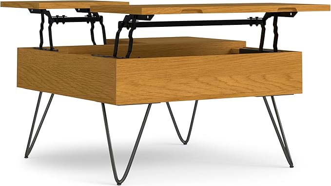 SIMPLIHOME Hunter Lift Top Coffee Table - 32 inch Wide Oak Veneer and Metal Industrial Square Lift Top Cocktail Table in Oak, Living Room Table with Dual Lift Tops, Hidden Storage and Hairpin Legs