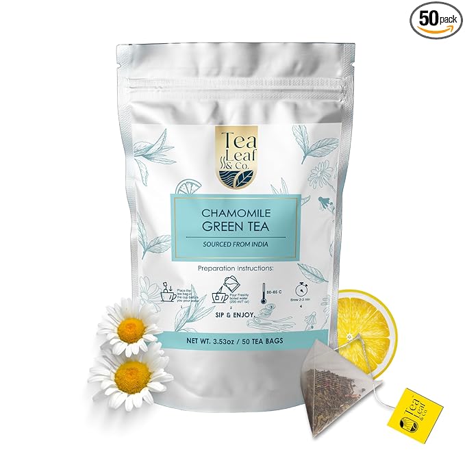 Tea Leaf & Co. Chamomile Green Tea Bags (50 Count), Green Tea with Lemon Extract and Lemongrass, Caffeinated, Real and Natura Green Tea, Blended with Fresh Herbs and Spices, Gluten Free