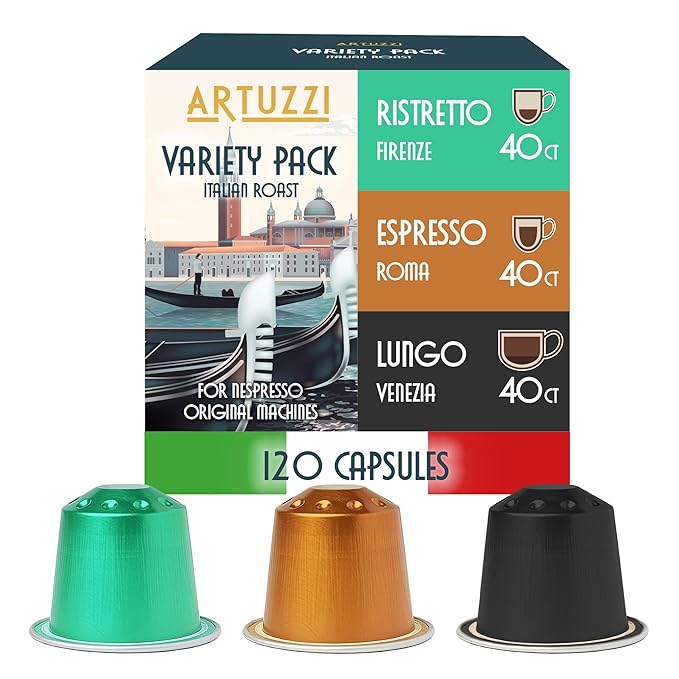Artuzzi 120ct Compatible Nespresso Coffee Pods For Nespresso Original Machines | Espresso Ristretto Lungo Coffee Capsules | Espresso Variety Pack I Aluminum & Recyclable