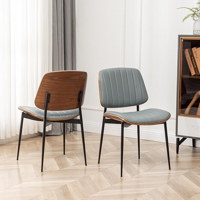 LUNLING Dining Chairs Set of 4 Mid Century Modern Retro Faux Leather Chair with Walnut Bentwood Upholstered Seat Metal Legs Chairs,Adjustable Foot for Kitchen Dining Room Chairs(Blue)