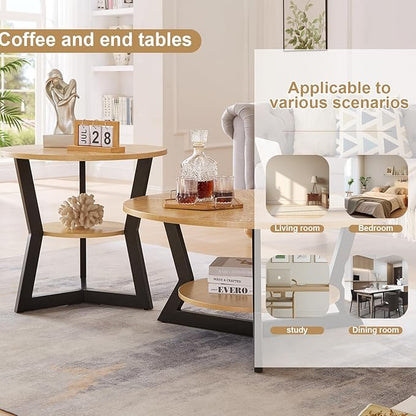 Round Wood Coffee Table for Living Room, 2-Tier Rustic Circle Coffee Table with Storage, 35”x 17” Real Wood Desktop with Metal Frame, Radial Pattern