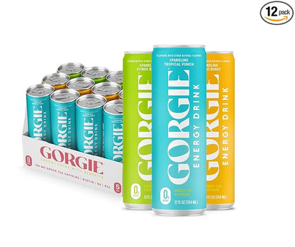 GORGIE Tropical Variety, Sugar-Free Natural Energy Drink Sparkling, Healthy Energy Drinks - Green Tea, Biotin, B Vitamins -150mg Caffeine, Vegan, & Low Calorie (Pack of 12)