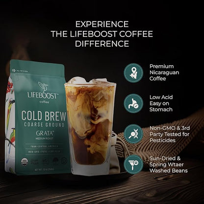 Lifeboost Low Acid Cold Brew Coffee – Organic Coarse Ground Medium Roast for Cold Brew – Single Origin, Non-GMO, 3rd Party Tested for Mycotoxins & Pesticides, USDA Organic – Smooth & Bold Flavor – 12 oz Bag