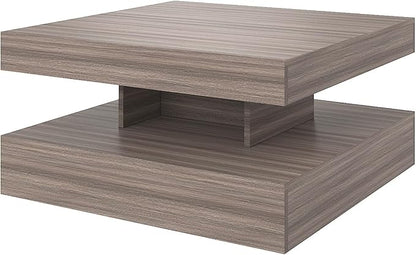 LED Coffee Table for Living Room, Living Room Table 2-Tier Square Middle Center Table, Modern Coffee Tables with Storage, Contemporary Wood Tea Tables for Dining Reception, Grey Wood