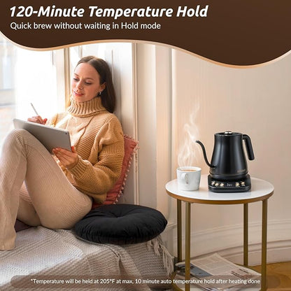 Electric Gooseneck Kettle, 1200W, 6 Temperature Settings, Stainless Steel Inner Lid & Bottom, 1L Quick Heating Pour Over Kettle for Coffee & Tea, Matte Black