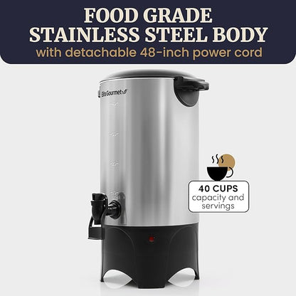 Elite Gourmet CCM040 Stainless Steel 40 Cup Coffee Urn Removable Filter For Easy Cleanup, Two Way Dispenser with Cool-Touch Handles Electric Coffee Maker Urn, Stainless Steel