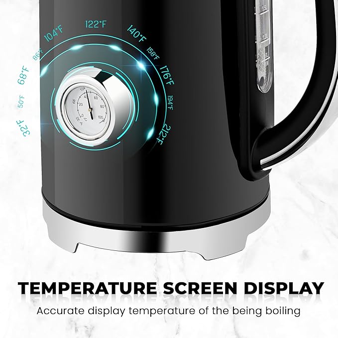 SUSTEAS Electric Kettle Temperature Control - 57oz Hot Water Boiler with Thermometer, 1500W Fast Heating Stainless Steel Tea Kettles, Cordless LED Indicator, Auto Shut-Off & Boil Dry Protection,Black