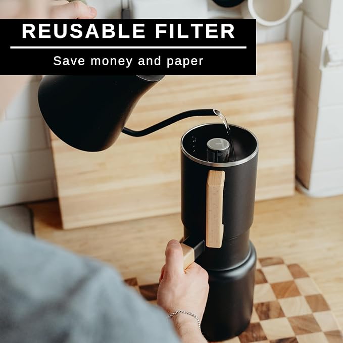 HASTINGS 68 Oz Pour Over Coffee Maker Set with Double Layer Reusable Stainless Steel Filter 8-Cup and Wood Handle - Dual Wall Heat Resistant Drip Coffee Brewer, Pour Over Coffee Dripper Carafe, Black