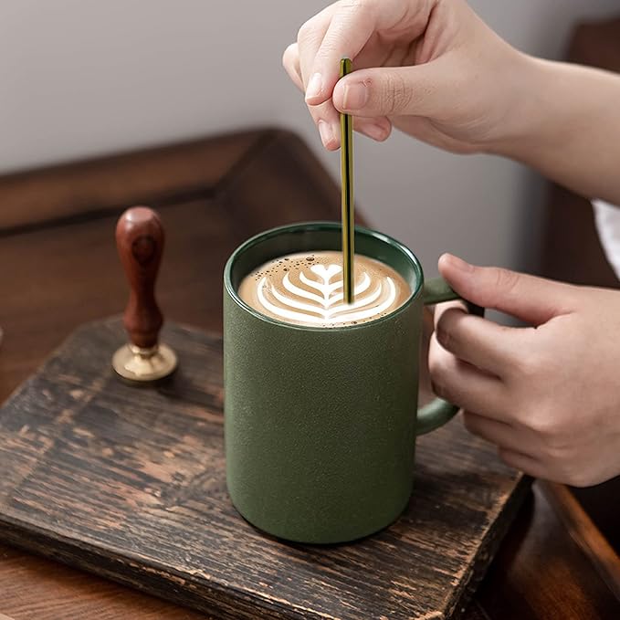 Coffee Mugs Matte Frosted Porcelain Tea Cup Home Office Restaurant Drinking Cups with Long Small Cute Coffee Spoons, Set of 2, 2 Mugs 2 Spoons, Safe for Microwave & Dishwasher, Gift Ideas, Green/Gold