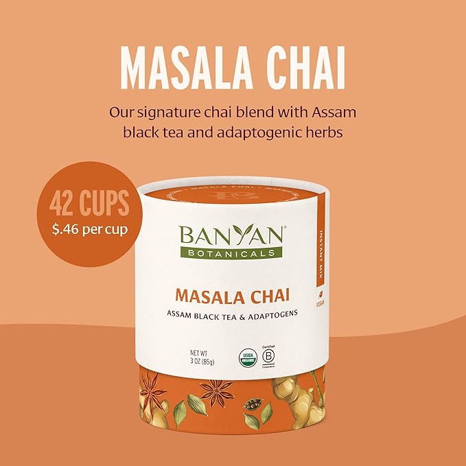 Banyan Botanicals Masala Chai – Organic Tea with Assam Black Tea, L-Theanine & Adaptogenic Herbs – Vegan, Loose Leaf, Fair Trade – 3 oz, 42 Servings