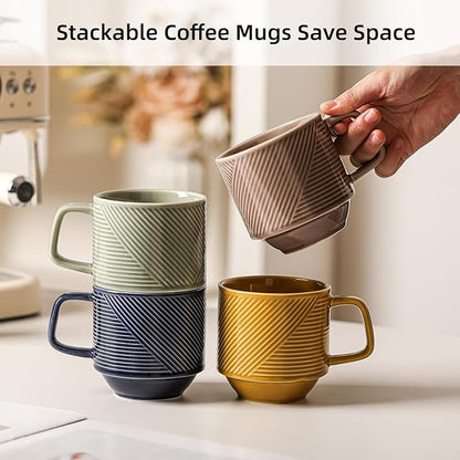 Stackable Coffee Mugs Set: 13 oz Ceramic Stacking Cups for Cappuccino Latte Tea - Microwave Safe Mug for Home & Office - 4 PCS, 4 Color Assorted