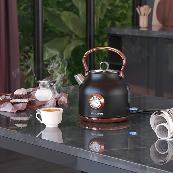 Retro Electric Kettle, 1.7L Stainless Steel Tea Kettle with Large Temperature Gauge, 1500W Fast Heating Hot Water Boiler with LED Indicator, Auto Shut-off & Boil-Dry Protection-Reteo Black