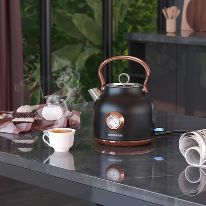 Retro Electric Kettle, 1.7L Stainless Steel Tea Kettle with Large Temperature Gauge, 1500W Fast Heating Hot Water Boiler with LED Indicator, Auto Shut-off & Boil-Dry Protection-Reteo Black
