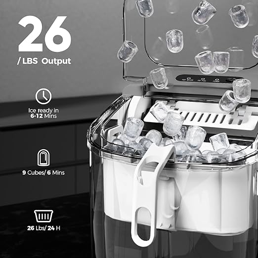 Crzoe Countertop Ice Maker Machine with Handle,26Lbs/24H,9 Cubes Ready in 6 Mins,Self-Cleaning Function with Ice Scoop and Basket for Home/Office(Grey)