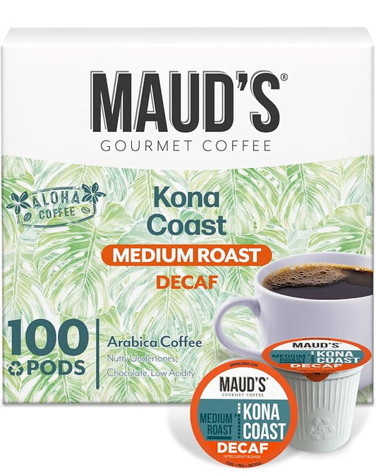 Maud's Decaf Kona Coffee Pods,100 ct, Decaffeinated Medium Roast Coffee in Recyclable Single Serve Pods – 100% Arabica Coffee, Compatible with Keurig K Cups Maker