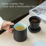 Load image into Gallery viewer, ZENS Tea Cup with Infuser and Lid for Loose Leaf Tea Steeper, 12oz Black Ceramic Tea Mug with Wood Handle for Tea Lovers Gifts
