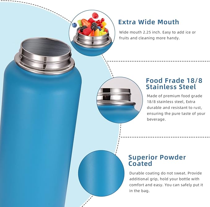 Volhoply 32 oz Insulated Water Bottles Bulk 2 Pack with Straw Lid & Spout Lid,Stainless Steel Sports Water Bottle,Double Wall Vacuum Cups,Leakproof Wide Mouth Metal Flask for Hiking,Camping(Blue,2)