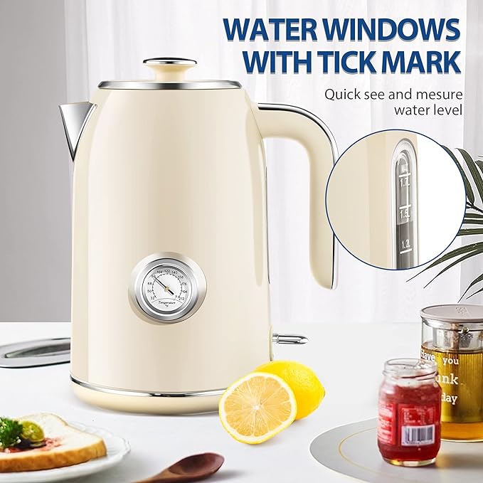 PUKOMC Electric Kettle, 1.7L Stainless Steel Tea Kettle with Temperature Gauge, 1500W Water Boiler with LED Light, BPA-Free, Auto Shut-Off and Boil-Dry Protection (Beige) Visit the Pukomc Store
