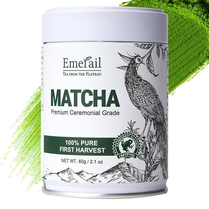 Emerail Ceremonial Grade Matcha Green Tea Powder, Premium First Harvest Unsweetened, 100% Pure Matcha for Lattes, Smoothies, and Baking (60g / 2.1oz)