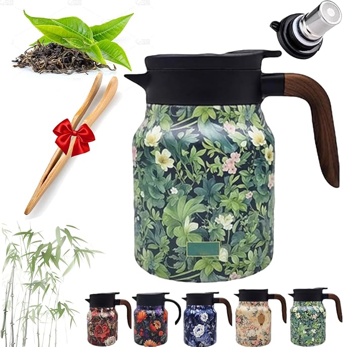 Infinite Tea Pot with Infuser, 316 Stainless Steel Infinite Vintage Floral Pattern Teapot Built-In Infuser, One-Handed Pour, Detachable Infinity Tea Pot Kettle for loose tea (Green wood, 28Oz)
