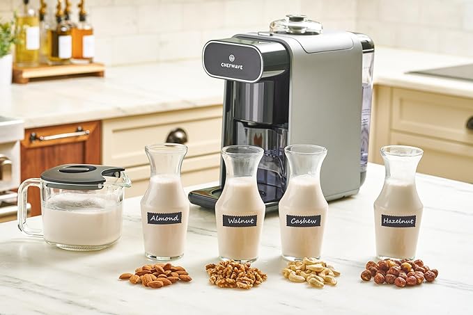 ChefWave Milkmade Non-Dairy Milk Maker (Silver/Black) – 6 Program, Auto-Clean Nut Milk Machine with Nut Platter (Almonds, Cashews, Walnuts, Hazelnuts) (2 Items)