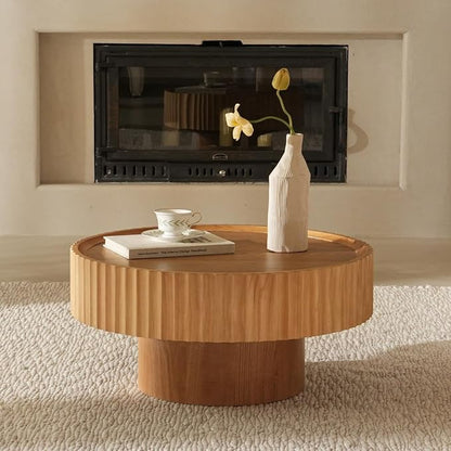 Round Wood Coffee Table - Wooden, Ribbed-Design, 30.3" Dia, 14.9" H Living Room Table, Center Table Simple Modern Style for Home Living Room Furniture (Nature Wood, 30.3''L×14.9''H)
