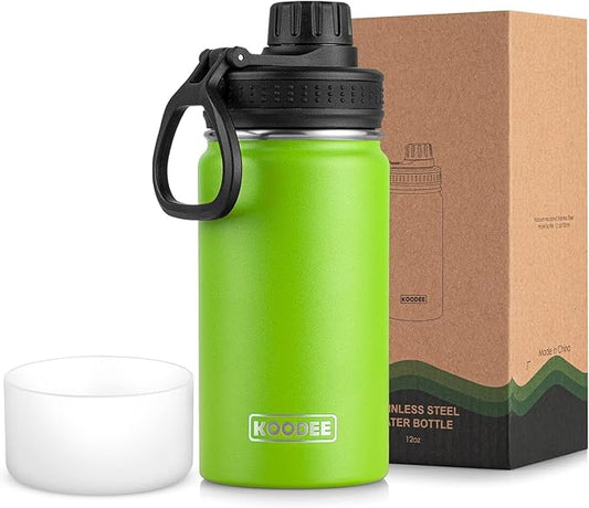koodee Small Water Bottle-12 oz Stainless Steel Vacuum Insulated Wide Mouth Water Flask with Leakproof Spout Lid (Apple Green)