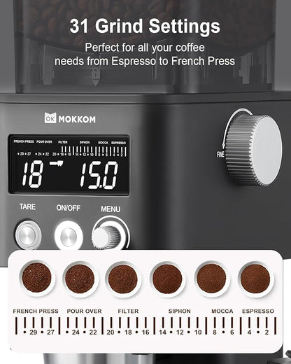MOKKOM Coffee Grinder with Removable Coffee Scale via Bluetooth Connectivity, Anti-static Conical Burr Coffee Bean Grinder, 31 Precise Settings for Espresso/Drip/Pour Over/Cold Brew/French Press