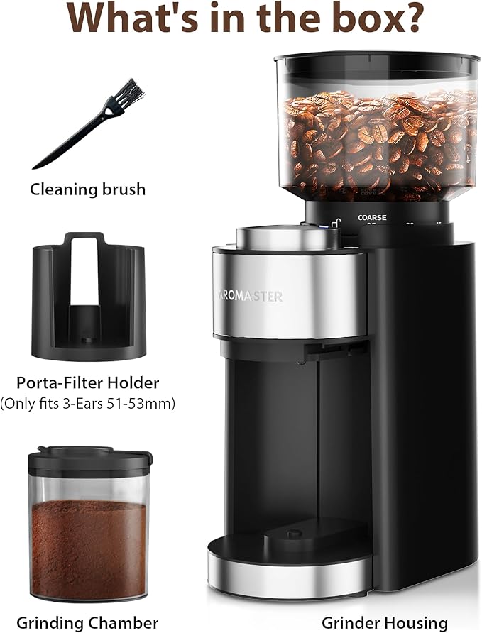 Aromaster Burr Coffee Grinder with 25 Grind Setting, Adjustable 2-12 Cups Timer, Professional Conical Coffee Bean Grinders for Home Use, 3-Ears Portafilter Holder, Anti-static, Cleaning Brush, Black