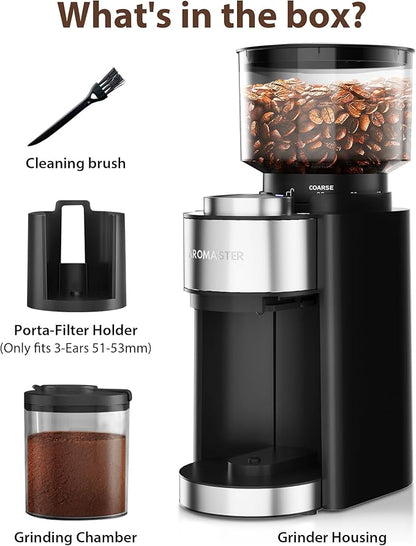 Aromaster Burr Coffee Grinder with 25 Grind Setting, Adjustable 2-12 Cups Timer, Professional Conical Coffee Bean Grinders for Home Use, 3-Ears Portafilter Holder, Anti-static, Cleaning Brush, Black