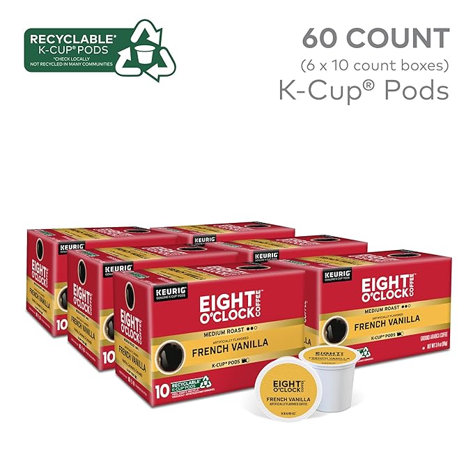 Eight O'Clock Coffee French Vanilla, Keurig Single Serve K-Cup Pods, Light Roast, 60 Count (6 Packs of 10)