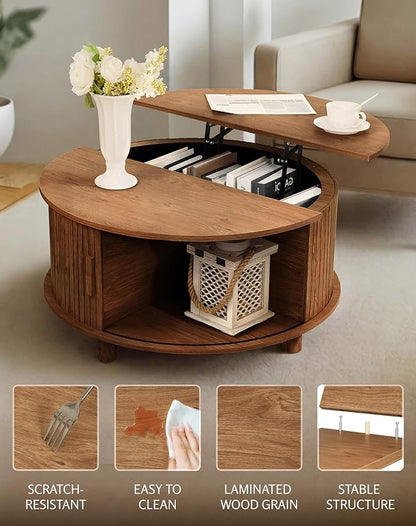 Round Lift Top Coffee Table with Storage, Mid Century Modern Center Table with 180° Sliding Tambour Door, Small Circle Wood Fluted Dining Table for Living Room, Walnut