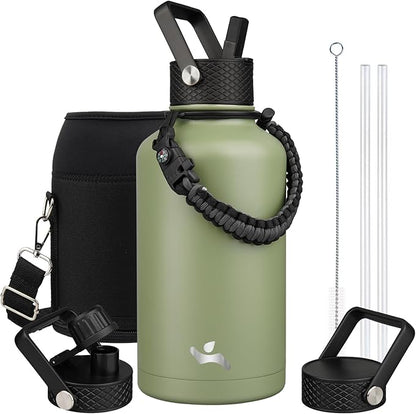 Half Gallon Insulated Water Bottle with Straw,64 oz 3 Lids Water Jug with Carrying Bag,Paracord Handle, Double Wall Vacuum Stainless Steel Metal Flask,Camp Green