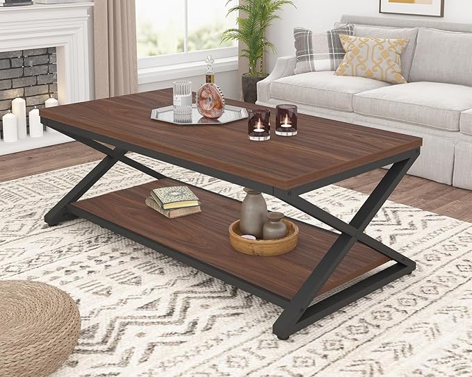HSH Walnut 2 Tier Storage Coffee Table, Modern Rectangle Center Table for Living Room, Industrial Minimalist Wooden Metal Cocktail Tea Table, Home Office Rustic Simple Display Coffee Table, 39 Inch