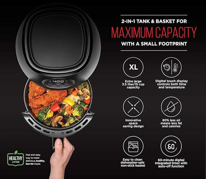 CHEFMAN Small Air Fryer Healthy Cooking, 3.6 Qt, User Friendly, Nonstick, Digital Touch Screen, Dishwasher Safe Basket, w/ 60 Minute Timer & Auto Shutoff, Matte Black, Cookbook Included