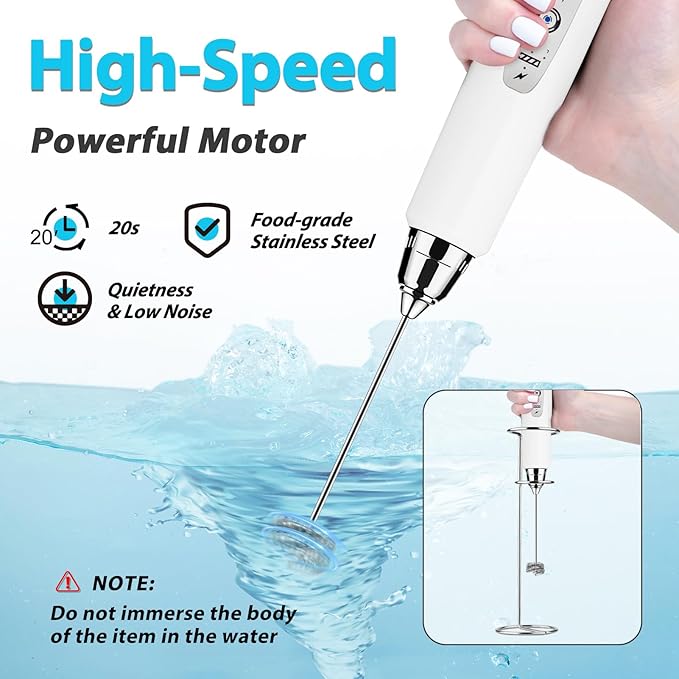 Milk Frother with Stand Rechargeable-Handheld Coffee Frother with 3 Stainless Whisks 3 Speed Adjustable, Electric Whisk Drink Mixer, Foam Maker Blender for Matcha Latte Cappuccino Chocolate