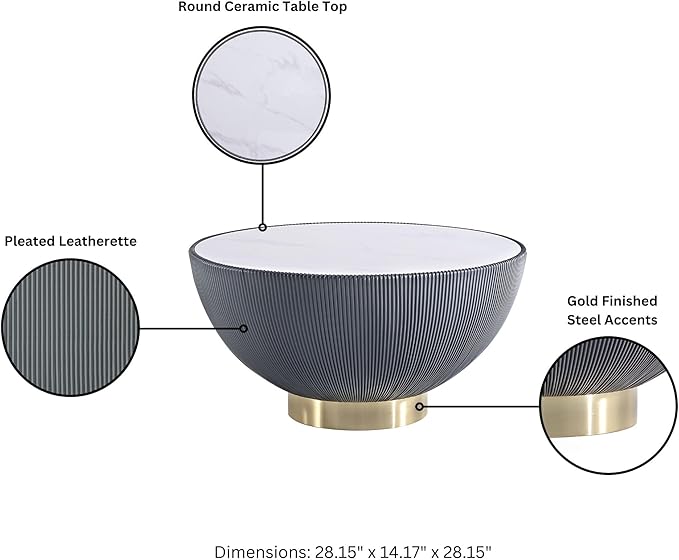 Manhattan Comfort Modern Anderson Coffee Table, 1.0 & 2.0 End Table, Upholstered in Grey Leatherette with Ceramic Faux Tabletop and Gold Metal Tabletop- Set of 3