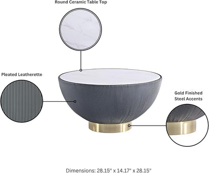 Manhattan Comfort Modern Anderson Coffee Table, 1.0 & 2.0 End Table, Upholstered in Grey Leatherette with Ceramic Faux Tabletop and Gold Metal Tabletop- Set of 3