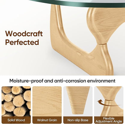 Noguchi Triangle Glass Coffee Table with Solid Wood Base, Vintage Clear Glass Top Modern Design for Living Room, Patio, Study, White Ash