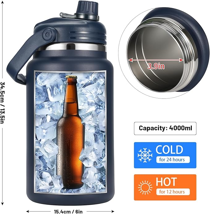 1 Gallon Thermosflask with Straw, 135oz Stainless Steel Insulated Water Bottle，4L Oversized Double Wall Vacuum Jug with Handle for Hot Cold Drinks, Wide mouth Icebuckets for Hiking Sports(Blue)